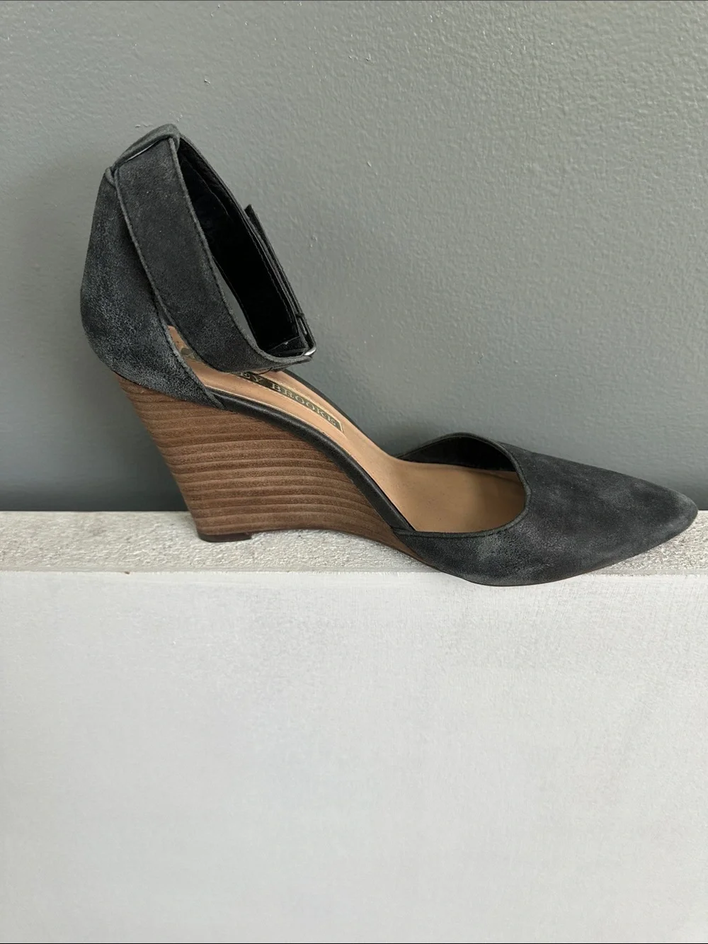 Audrey Brooke Black Suede Pointed Ankle Strap Wedges